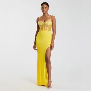 Mac Duggal 44029 NWT Spaghetti Strap Beaded Sheer Bodice Gown with Slit